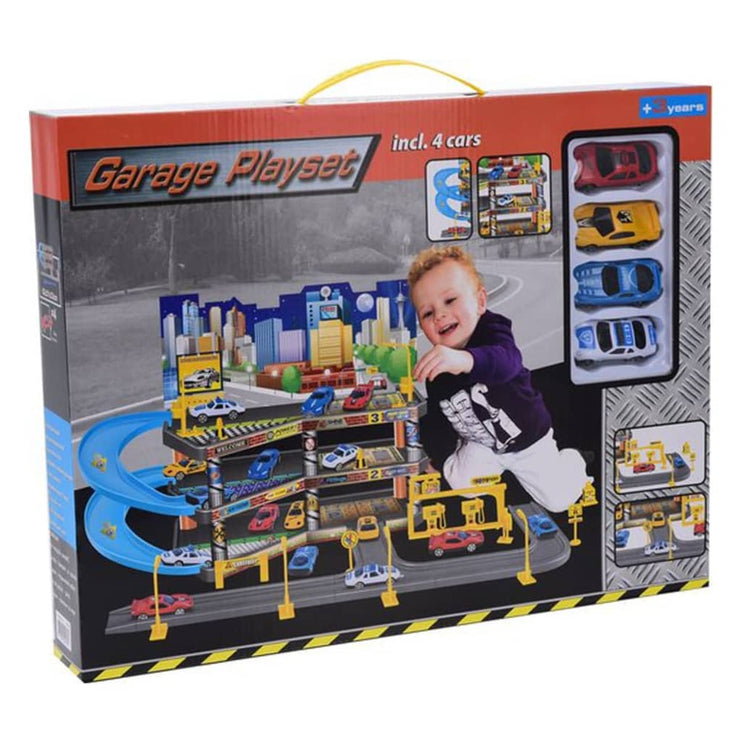 Tender Toys Leksaksgarage med 4 bilar 62x31x33 cm grå och blå